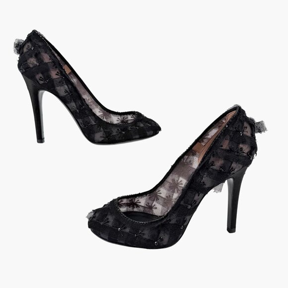 Chanel CC Bead-Embellished Pumps Black Mesh Lace Heels Size 38.5 US 7.5-8 - Picture 9 of 16